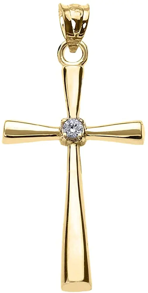 Genuine Diamond Cross Pendant - Solid 10K Yellow Gold Religious Jewelry with Solitaire Accent