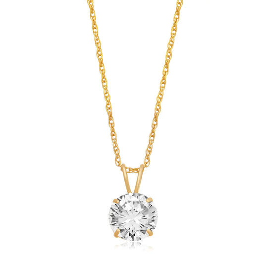 10K Yellow Gold Solitaire Pendant Necklace - 2.0ct CZ with 18" Rope Chain