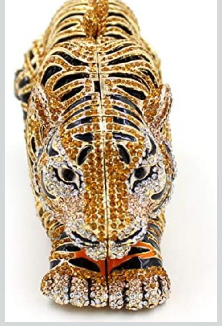 Tiger Rhinestone Metal Crystal Evening Bag - Horizontal Square Clutch | Silver & Gold