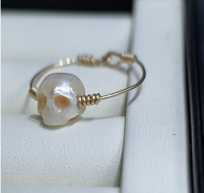 Natural Freshwater Pearl Skull 14k Gold Ring
