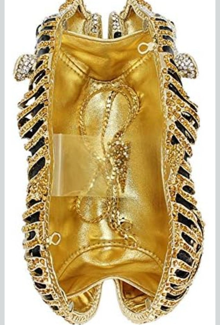 Tiger Rhinestone Metal Crystal Evening Bag - Horizontal Square Clutch | Silver & Gold