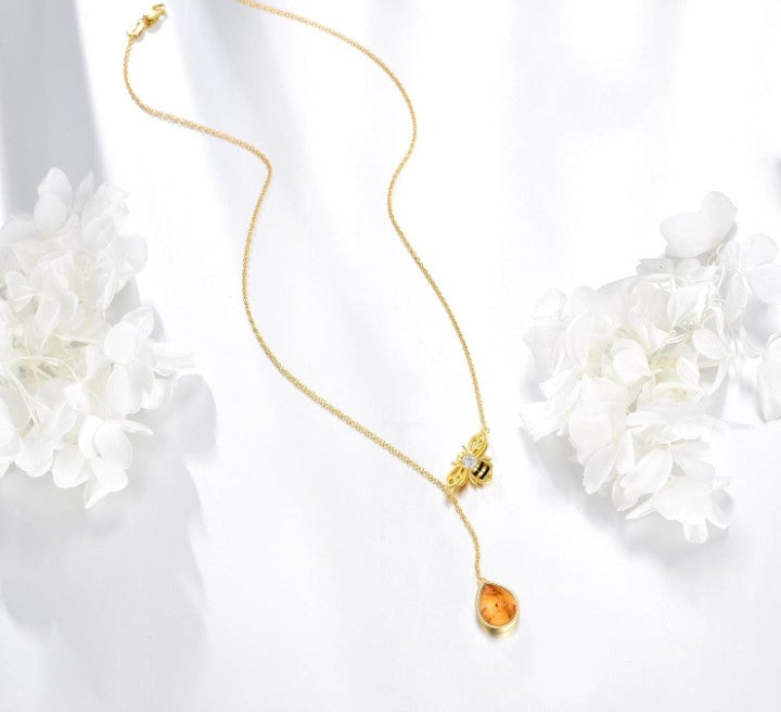 Genuine Amber Bee Necklace - Solid 925 Sterling Silver with Gold Plating for Women