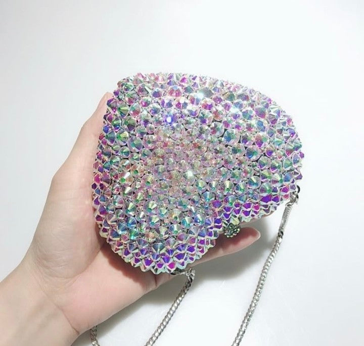 Love Shaped Crystal Diamond Evening Bag - Full Diamond Silver Clutch | 14x12x6cm