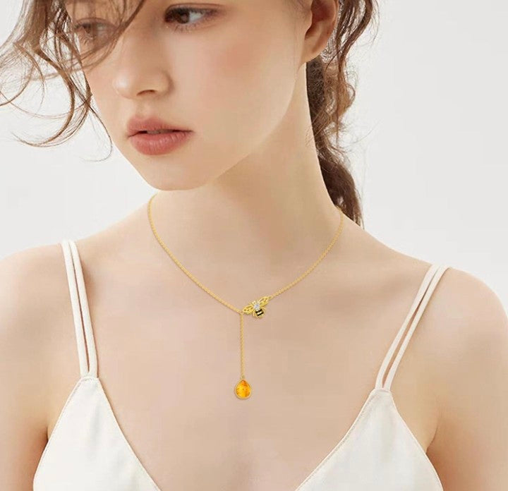 Genuine Amber Bee Necklace - Solid 925 Sterling Silver with Gold Plating for Women