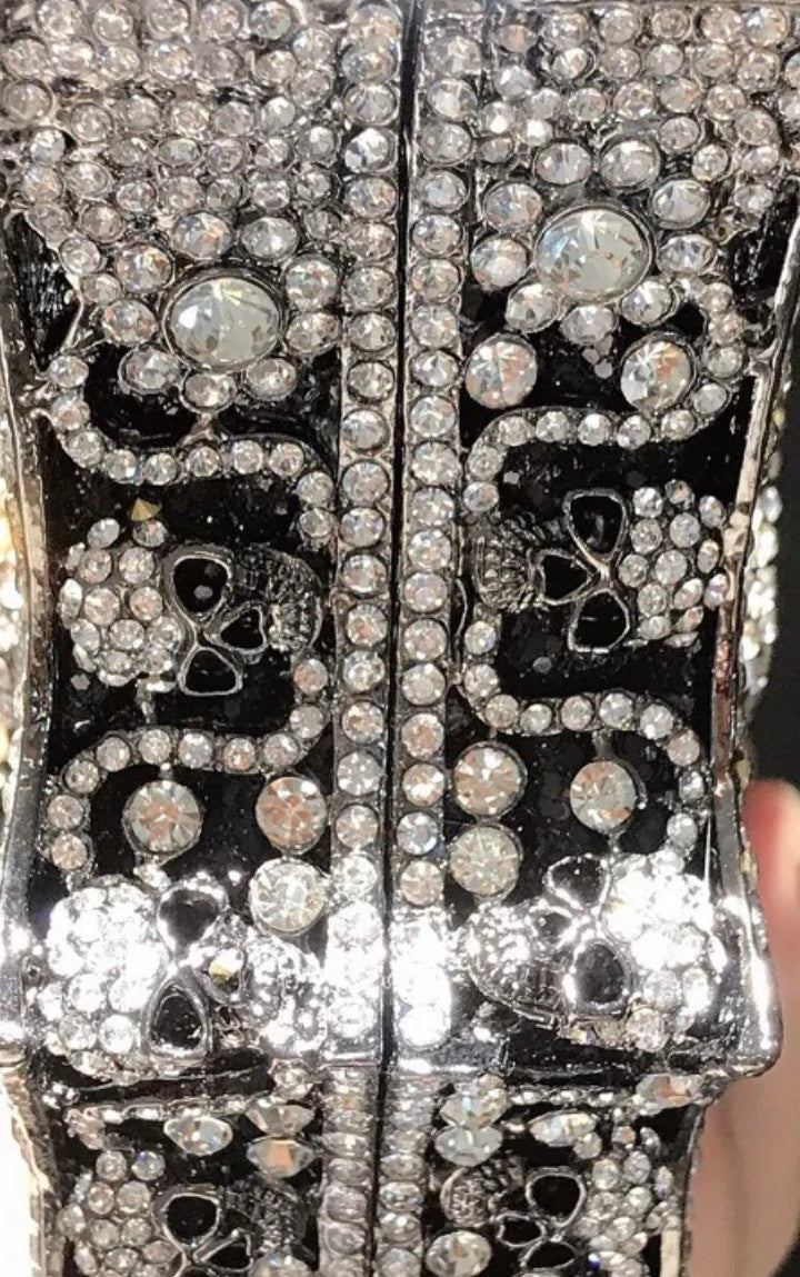 Halloween Crystal Skull Bat Evening Bag - Geometric Pattern Alloy Clutch | Silver