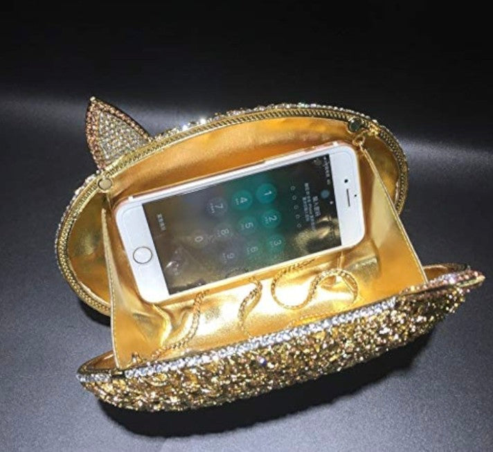 Fox Rhinestone Metal Crystal Evening Bag - Hollow Design Gold Clutch | 21cm