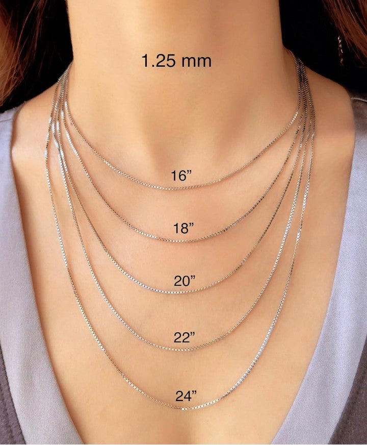 14K Solid White Gold Square Box Chain Necklace - 1.25mm Diamond Cut Link - 20 Inch