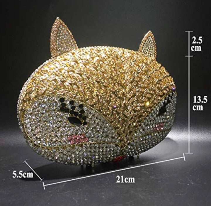 Fox Rhinestone Metal Crystal Evening Bag - Hollow Design Gold Clutch | 21cm