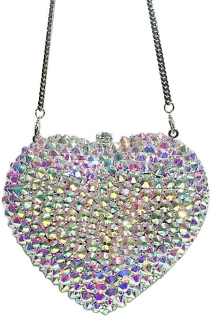 Love Shaped Crystal Diamond Evening Bag - Full Diamond Silver Clutch | 14x12x6cm