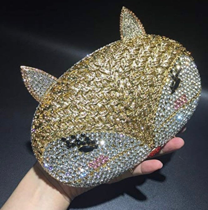 Fox Rhinestone Metal Crystal Evening Bag - Hollow Design Gold Clutch | 21cm