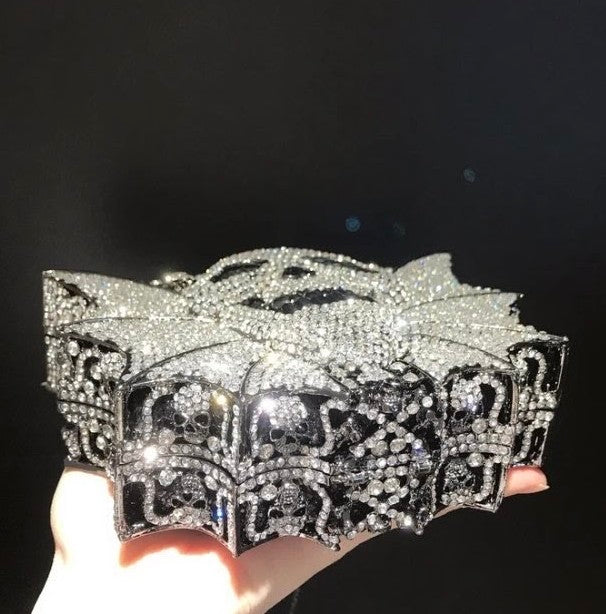 Halloween Crystal Skull Bat Evening Bag - Geometric Pattern Alloy Clutch | Silver