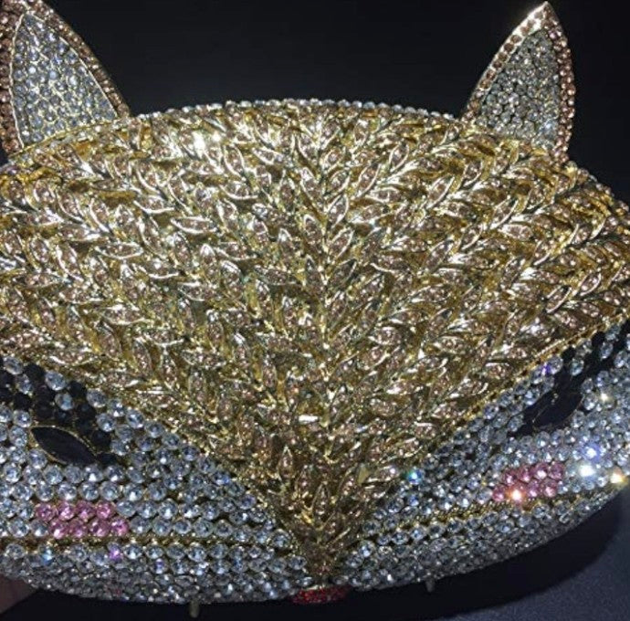 Fox Rhinestone Metal Crystal Evening Bag - Hollow Design Gold Clutch | 21cm