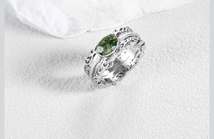 Genuine Moss Agate Fidget Ring - Solid 925 Sterling Silver Anti-Stress Ring for Women Size 6
