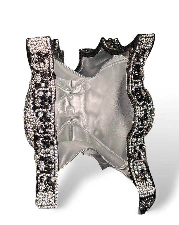 Halloween Crystal Skull Bat Evening Bag - Geometric Pattern Alloy Clutch | Silver