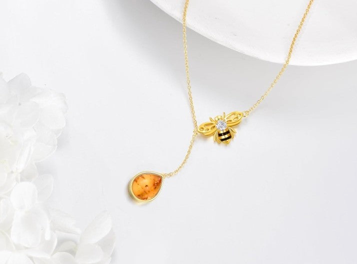 Genuine Amber Bee Necklace - Solid 925 Sterling Silver with Gold Plating for Women