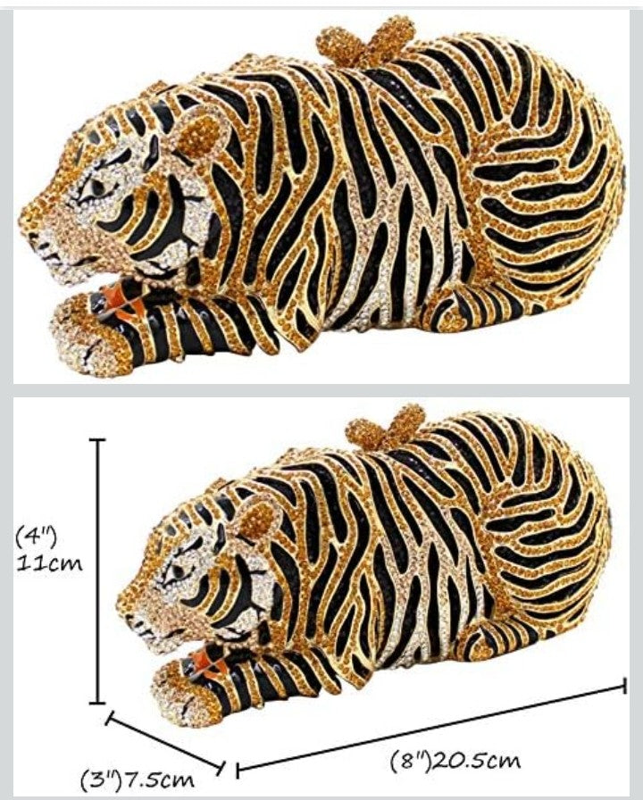 Tiger Rhinestone Metal Crystal Evening Bag - Horizontal Square Clutch | Silver & Gold