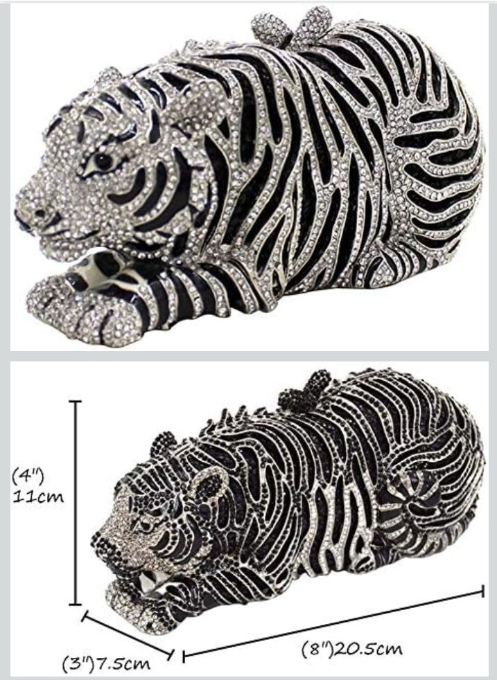 Tiger Rhinestone Metal Crystal Evening Bag - Horizontal Square Clutch | Silver & Gold