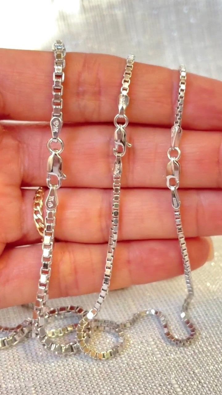 14K Solid White Gold Square Box Chain Necklace - 1.25mm Diamond Cut Link - 20 Inch