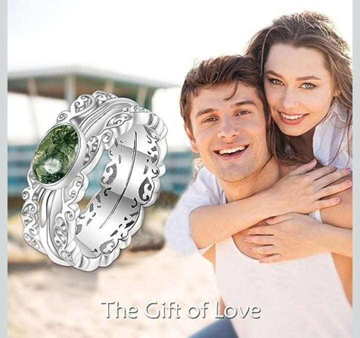Genuine Moss Agate Fidget Ring - Solid 925 Sterling Silver Anti-Stress Ring for Women Size 6