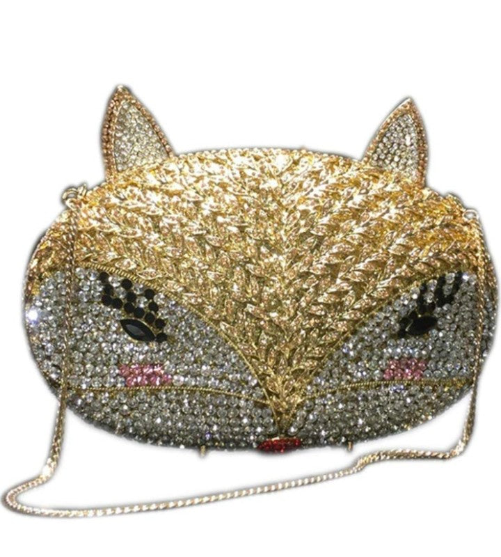 Fox Rhinestone Metal Crystal Evening Bag - Hollow Design Gold Clutch | 21cm