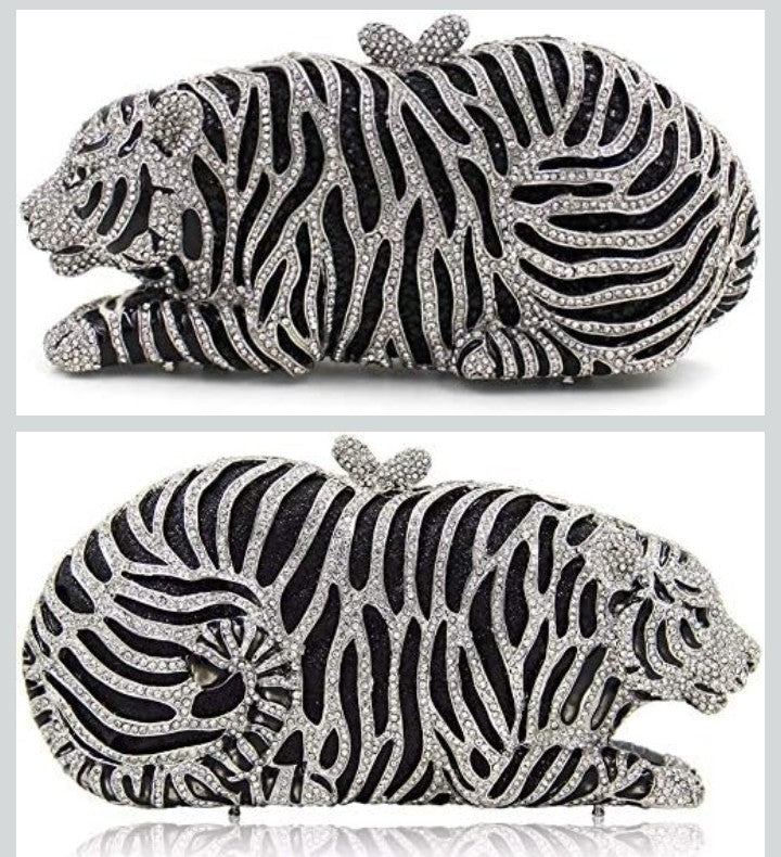 Tiger Rhinestone Metal Crystal Evening Bag - Horizontal Square Clutch | Silver & Gold