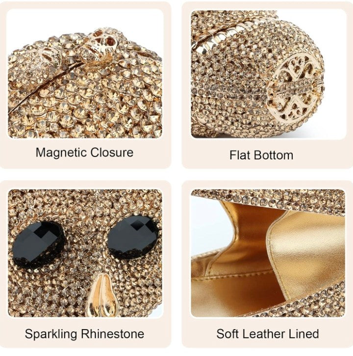 Halloween 3D Skull Clutch Purse - Rhinestone Crystal Metal Evening Bag | Gold