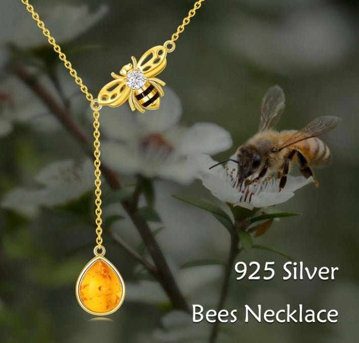 Genuine Amber Bee Necklace - Solid 925 Sterling Silver with Gold Plating for Women