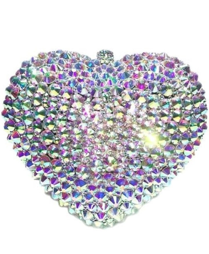 Love Shaped Crystal Diamond Evening Bag - Full Diamond Silver Clutch | 14x12x6cm
