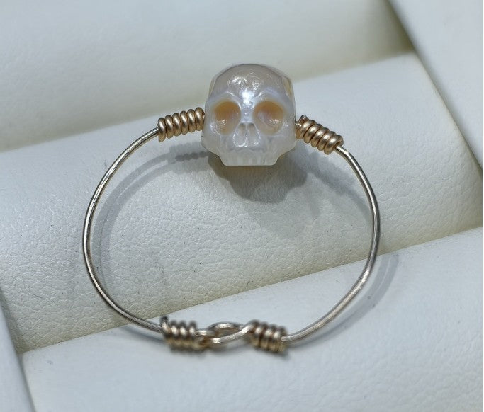 Natural Freshwater Pearl Skull 14k Gold Ring