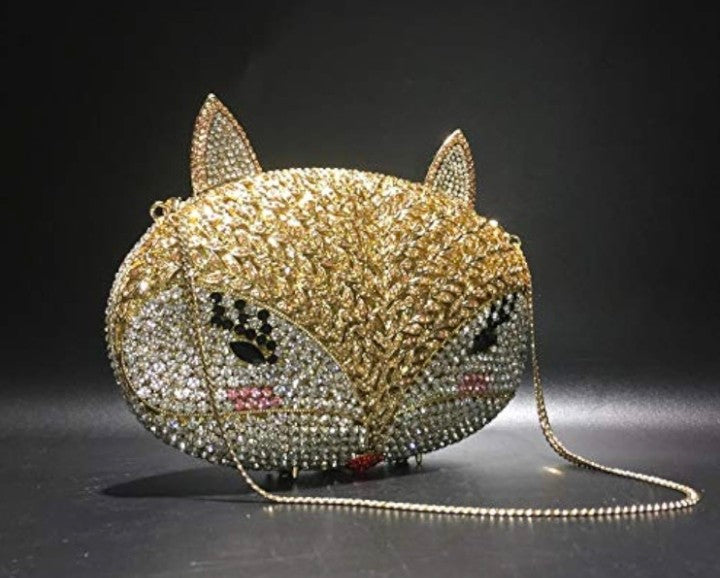 Fox Rhinestone Metal Crystal Evening Bag - Hollow Design Gold Clutch | 21cm