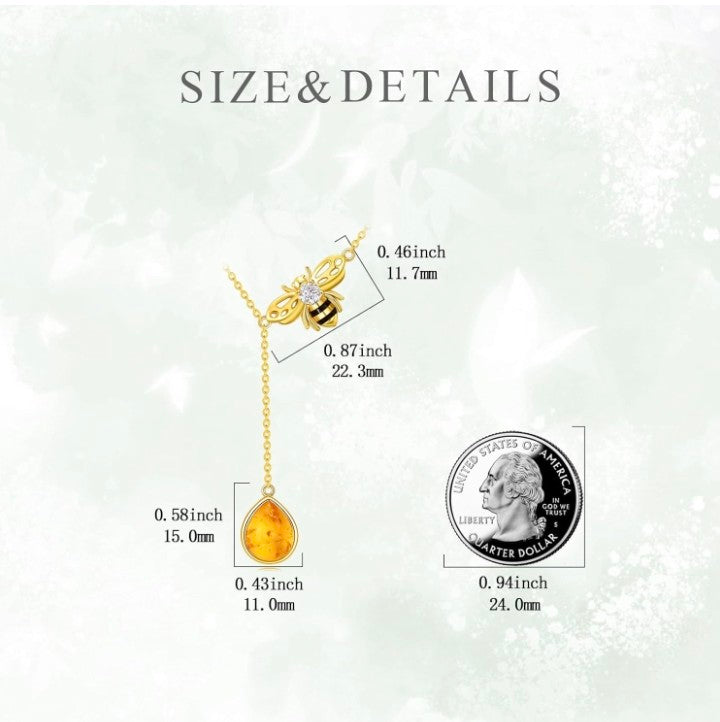Genuine Amber Bee Necklace - Solid 925 Sterling Silver with Gold Plating for Women