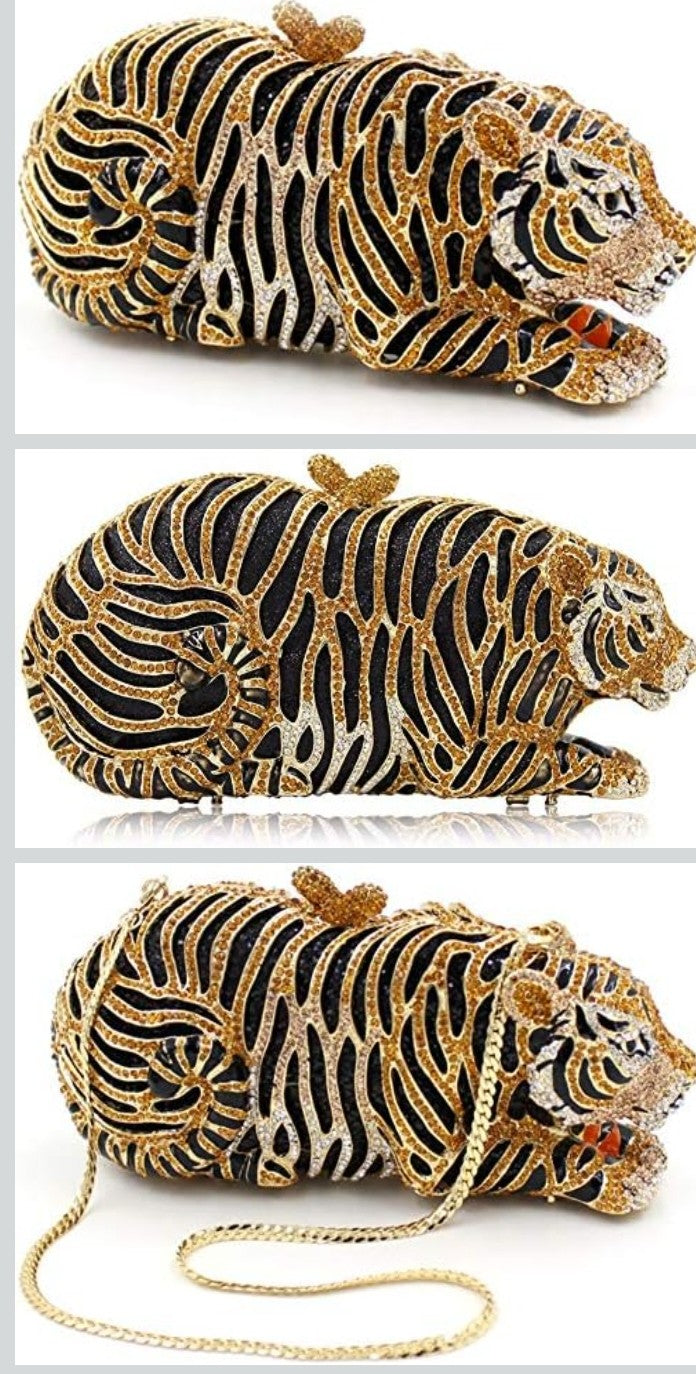 Tiger Rhinestone Metal Crystal Evening Bag - Horizontal Square Clutch | Silver & Gold