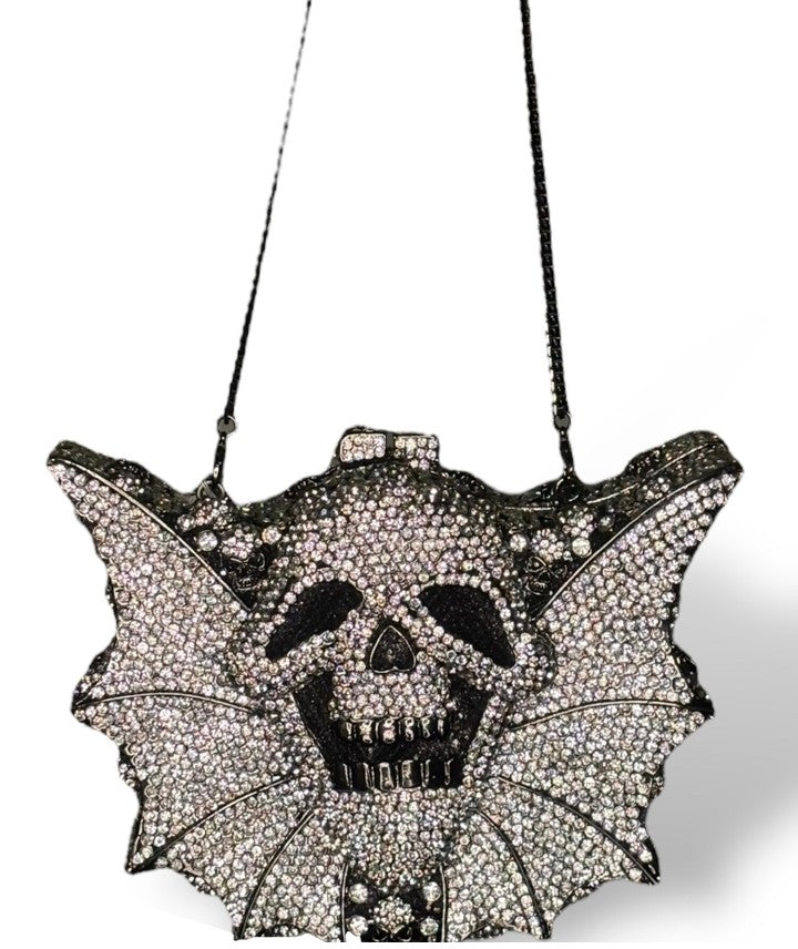 Halloween Crystal Skull Bat Evening Bag - Geometric Pattern Alloy Clutch | Silver
