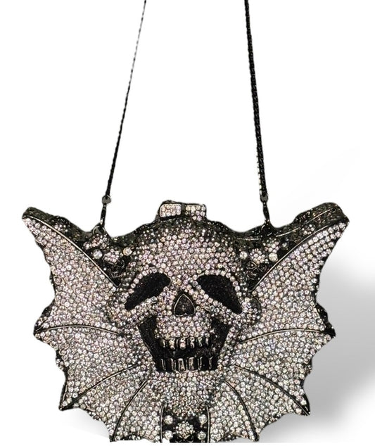 Halloween Crystal Skull Bat Evening Bag - Geometric Pattern Alloy Clutch | Silver