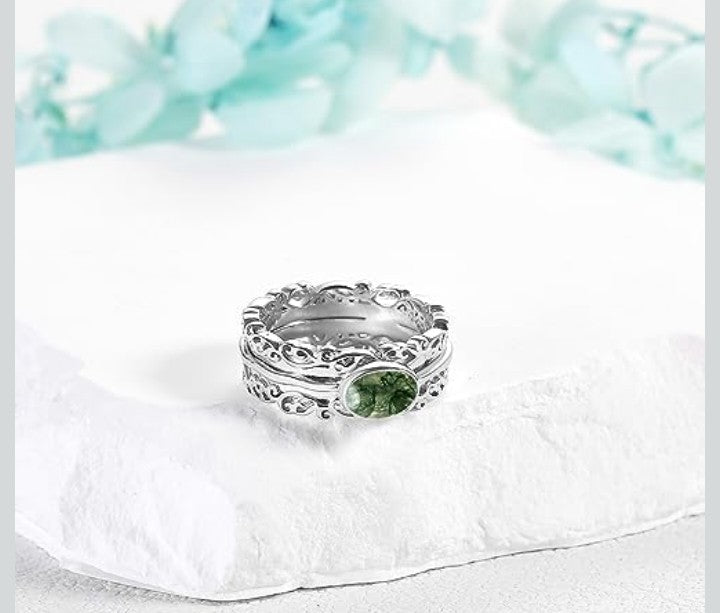 Genuine Moss Agate Fidget Ring - Solid 925 Sterling Silver Anti-Stress Ring for Women Size 6