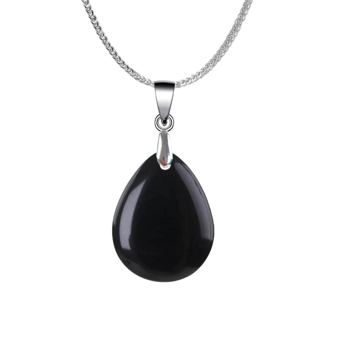 Genuine Black Obsidian Pendant Necklace - Solid 925 Sterling Silver Water Drop Gemstone with 17.8" Chain