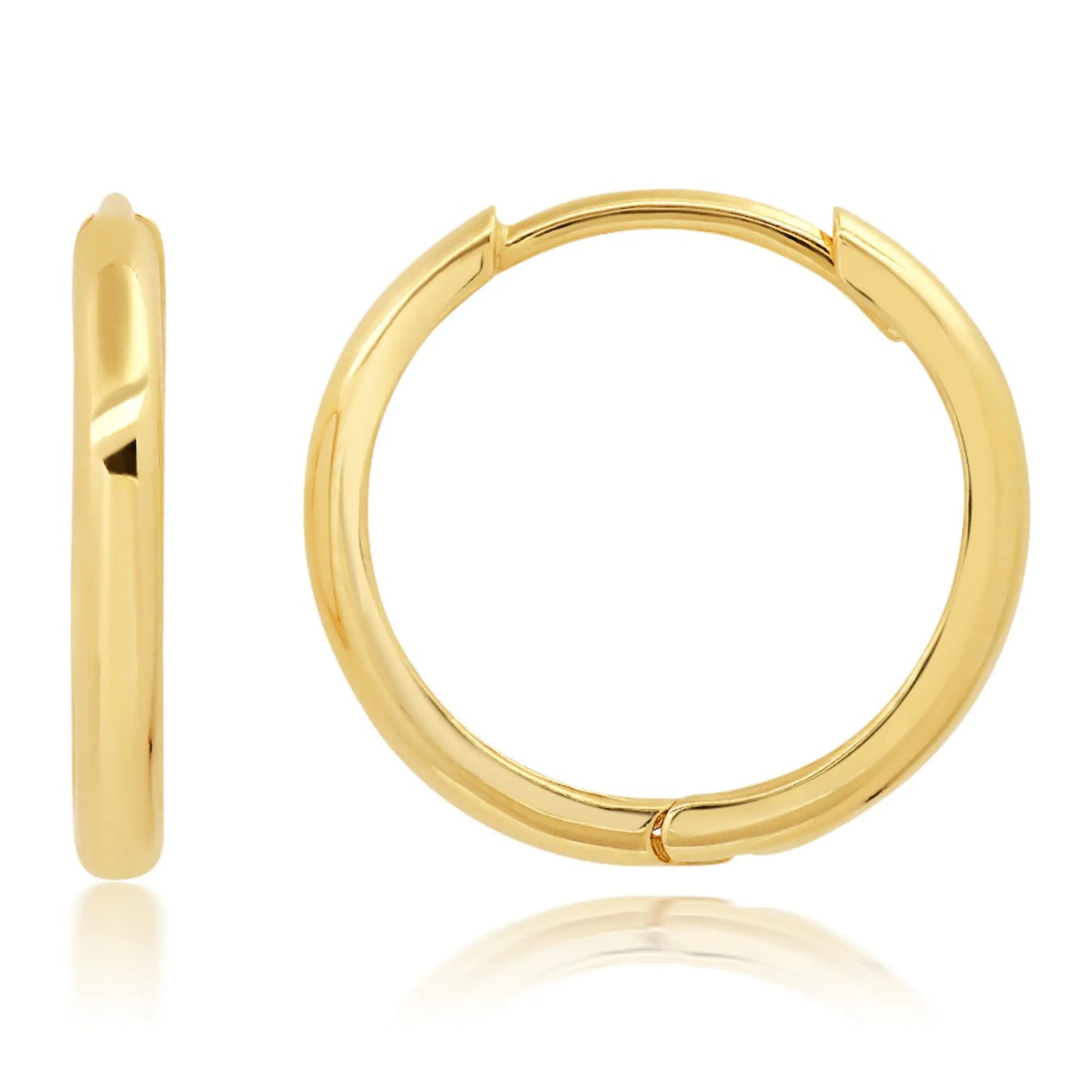 Solid 14K Yellow Gold Domed Huggie Hoop Earrings - Hidden Post Hinged Closure 16mm