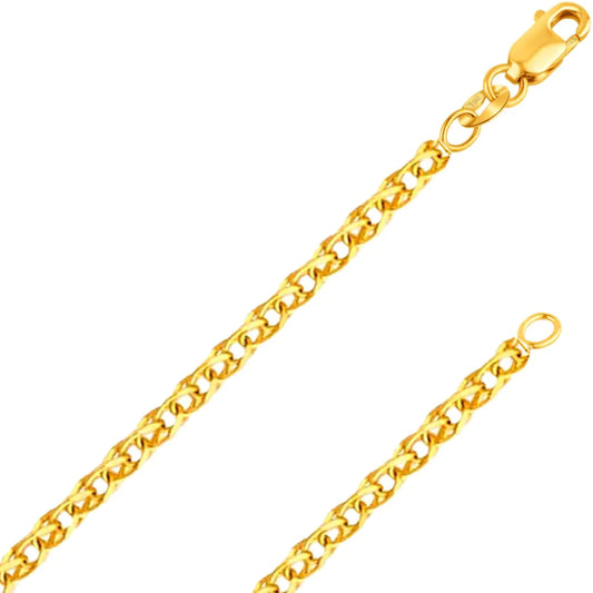 14K Solid Yellow Gold Wheat Chain Necklace - Italian Made Spiga Design with Lobster Clasp