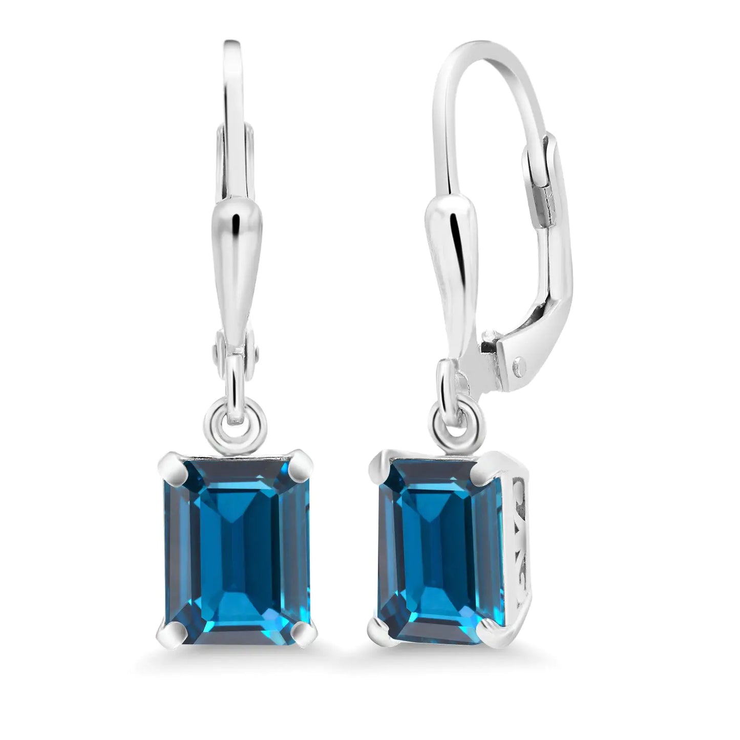 Genuine Emerald Cut London Blue Topaz Gemstone Leverback Earrings - Solid 925 Sterling Silver Drop Dangle Earrings for Women