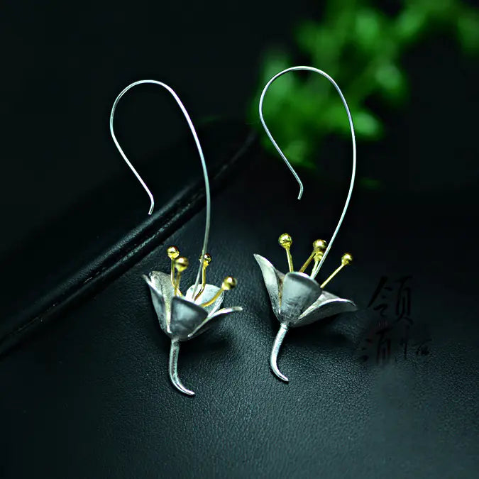 925 Sterling Silver Flower Earrings with Genuine Black Agate - Elegant Floral Design