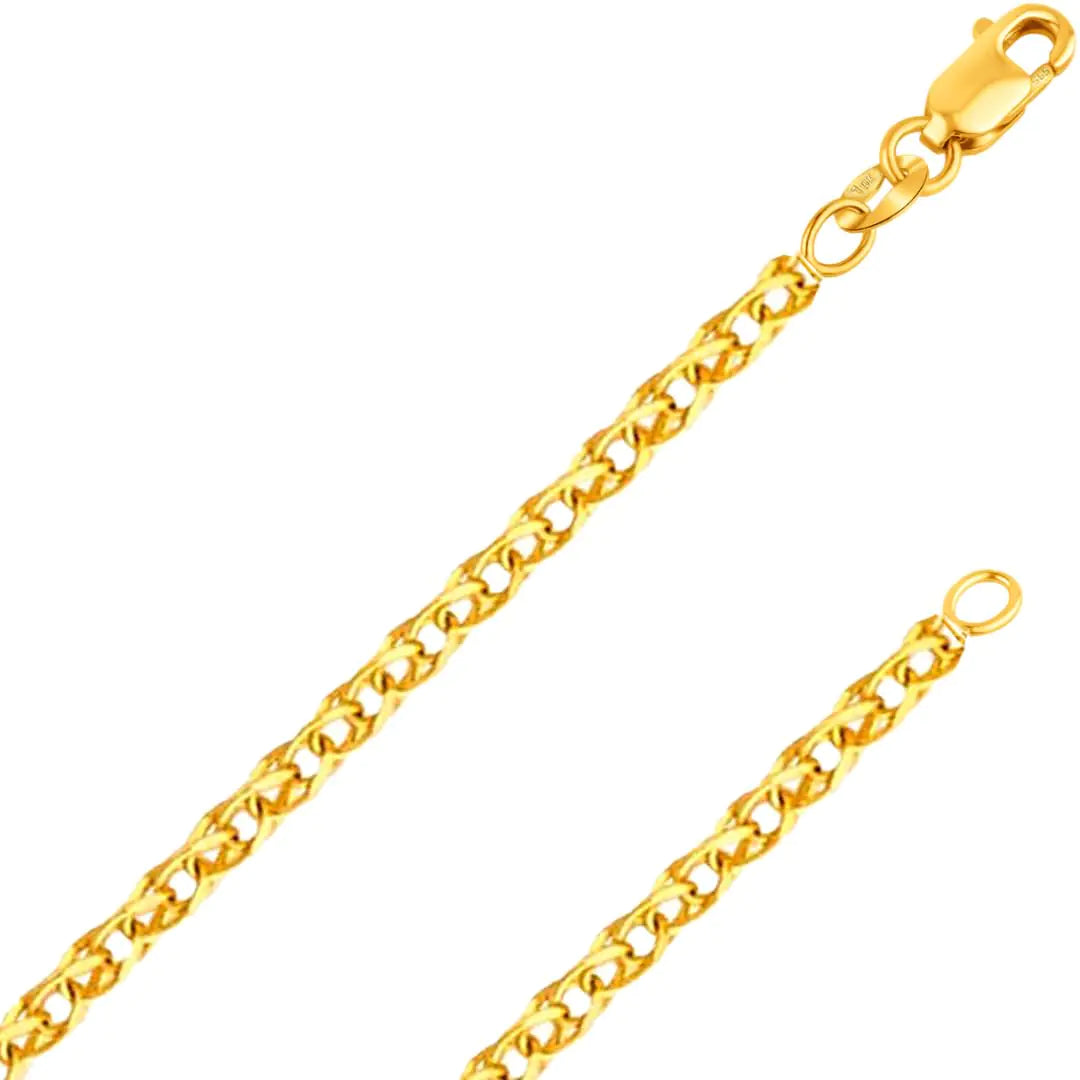14K Solid Yellow Gold Wheat Chain Necklace - Italian Made Spiga Design with Lobster Clasp