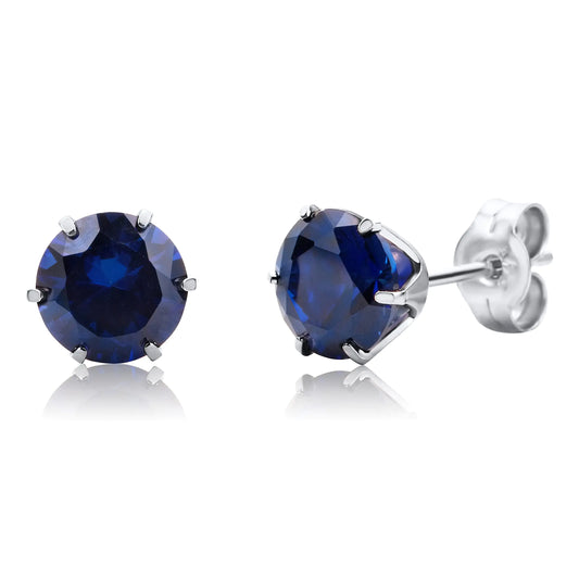 14K White Gold Round Genuine Natural Sapphire Classic Stud Earrings